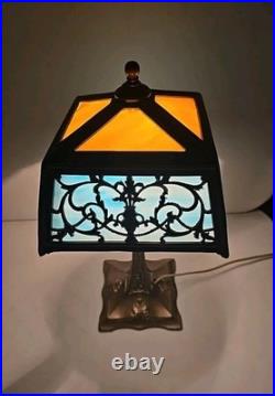 Antique 16.5 Arts & Crafts 8 Panel Slag Glass Art Nouveau Boudoir Lamp