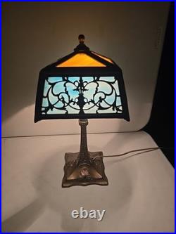 Antique 16.5 Arts & Crafts 8 Panel Slag Glass Art Nouveau Boudoir Lamp