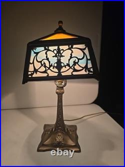 Antique 16.5 Arts & Crafts 8 Panel Slag Glass Art Nouveau Boudoir Lamp