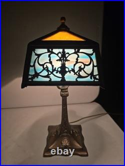 Antique 16.5 Arts & Crafts 8 Panel Slag Glass Art Nouveau Boudoir Lamp
