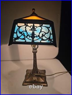 Antique 16.5 Arts & Crafts 8 Panel Slag Glass Art Nouveau Boudoir Lamp