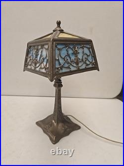 Antique 16.5 Arts & Crafts 8 Panel Slag Glass Art Nouveau Boudoir Lamp