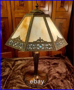 Antique 16 Panel Slag Glass Table Lamp Ornate Top
