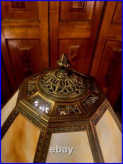 Antique 16 Panel Slag Glass Table Lamp Ornate Top