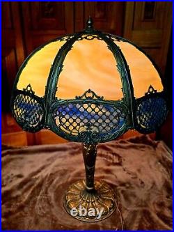 Antique 16 Panel Victorian Slag Glass Panel Lamp