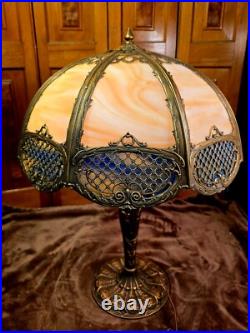 Antique 16 Panel Victorian Slag Glass Panel Lamp