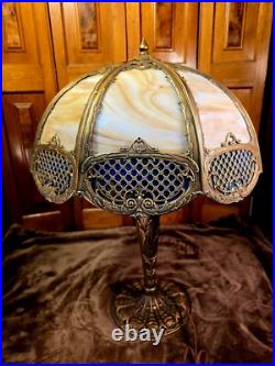 Antique 16 Panel Victorian Slag Glass Panel Lamp