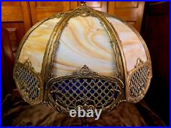 Antique 16 Panel Victorian Slag Glass Panel Lamp