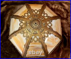Antique 16 Panel Victorian Slag Glass Panel Lamp