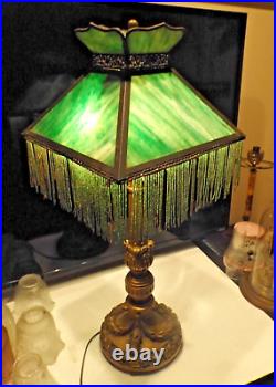 Antique 1800s Carved Wood Victorian Slag Glass Table Lamp withHubbell Acorn Socket