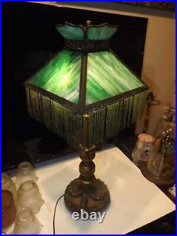 Antique 1800s Carved Wood Victorian Slag Glass Table Lamp withHubbell Acorn Socket
