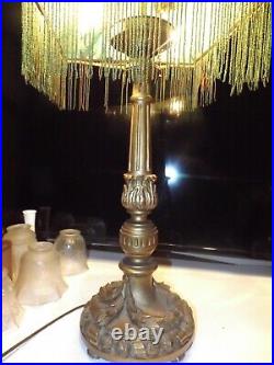 Antique 1800s Carved Wood Victorian Slag Glass Table Lamp withHubbell Acorn Socket