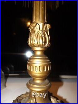 Antique 1800s Carved Wood Victorian Slag Glass Table Lamp withHubbell Acorn Socket