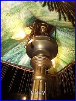 Antique 1800s Carved Wood Victorian Slag Glass Table Lamp withHubbell Acorn Socket