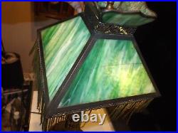 Antique 1800s Carved Wood Victorian Slag Glass Table Lamp withHubbell Acorn Socket