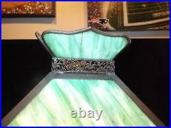 Antique 1800s Carved Wood Victorian Slag Glass Table Lamp withHubbell Acorn Socket