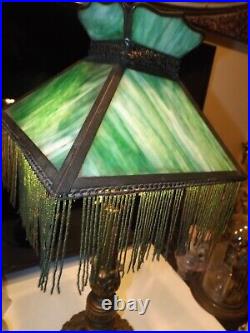 Antique 1800s Carved Wood Victorian Slag Glass Table Lamp withHubbell Acorn Socket