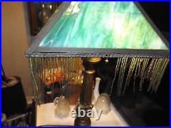 Antique 1800s Carved Wood Victorian Slag Glass Table Lamp withHubbell Acorn Socket