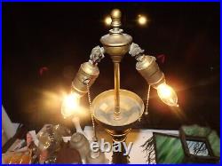 Antique 1800s Carved Wood Victorian Slag Glass Table Lamp withHubbell Acorn Socket