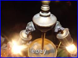 Antique 1800s Carved Wood Victorian Slag Glass Table Lamp withHubbell Acorn Socket