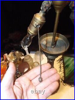 Antique 1800s Carved Wood Victorian Slag Glass Table Lamp withHubbell Acorn Socket