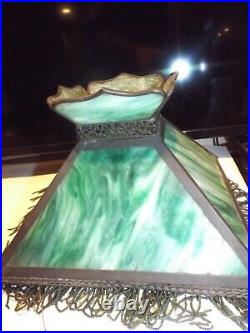 Antique 1800s Carved Wood Victorian Slag Glass Table Lamp withHubbell Acorn Socket