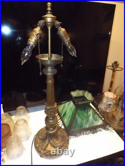 Antique 1800s Carved Wood Victorian Slag Glass Table Lamp withHubbell Acorn Socket