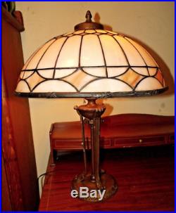 Antique 1900's 18.5 dia Salem Bros Bent Stained Slag Glass Table Lamp Shade