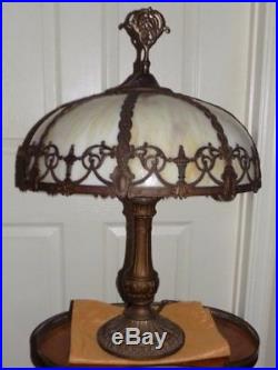 Antique 1900's Classic 18 8 Panel Slag Glass Metal Overlay Shade Lg Table Lamp