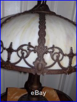 Antique 1900's Classic 18 8 Panel Slag Glass Metal Overlay Shade Lg Table Lamp