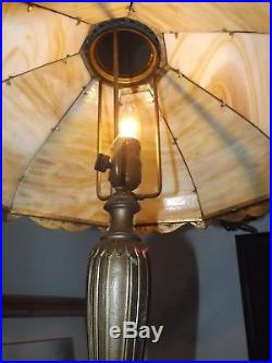 Antique 1900s Art Nouveau A&R Co 8 Panel Caramel Slag Glass Table Lamp No Cracks