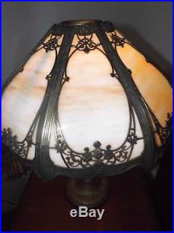 Antique 1900s Art Nouveau A&R Co 8 Panel Caramel Slag Glass Table Lamp No Cracks