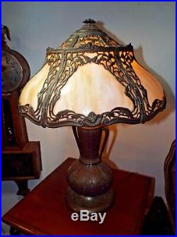 Antique 1900s Art Nouveau Large 2-Tier Miller Slag Stained Glass Table Lamp Exc