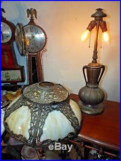 Antique 1900s Art Nouveau Large 2-Tier Miller Slag Stained Glass Table Lamp Exc