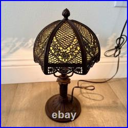 Antique 1900s Bradley & Hubbard Filigree Metal & 6 Slag Glass Panels Table Lamp