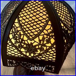 Antique 1900s Bradley & Hubbard Filigree Metal & 6 Slag Glass Panels Table Lamp
