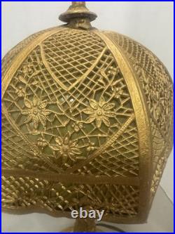 Antique 1900s Bradley & Hubbard Filigree Metal & 6 Slag Glass Panels Table Lamp