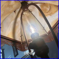 Antique 1900s Bradley & Hubbard Filigree Metal & 6 Slag Glass Panels Table Lamp