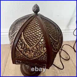 Antique 1900s Bradley & Hubbard Filigree Metal & 6 Slag Glass Panels Table Lamp