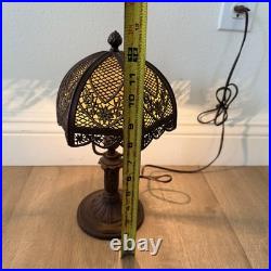 Antique 1900s Bradley & Hubbard Filigree Metal & 6 Slag Glass Panels Table Lamp