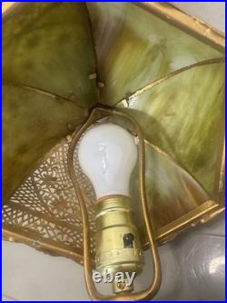 Antique 1900s Bradley & Hubbard Filigree Metal & 6 Slag Glass Panels Table Lamp