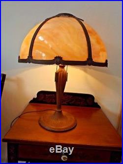 Antique 1900s E. Miller Lamp Co. Art Nouveau Stained Slag Glass Table Lamp Light