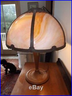 Antique 1900s E. Miller Lamp Co. Art Nouveau Stained Slag Glass Table Lamp Light