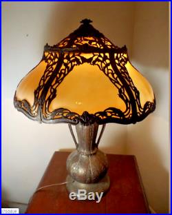 Antique 1900s Miller Co RARE DESIGN Stained Slag Glass Table Lamp Two Tier Glass