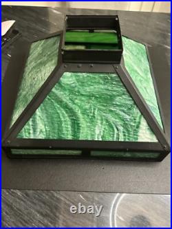 Antique 1910-1920 Mission Green Slag Glass Tiffany Style Game Room Fixture Antique 1910-1920 Mission Green Slag Glass Tiffany Style Game Room Fixture