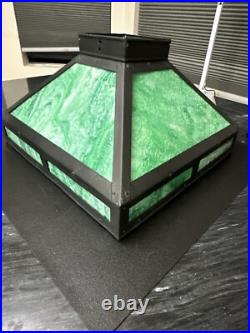 Antique 1910-1920 Mission Green Slag Glass Tiffany Style Game Room Fixture Antique 1910-1920 Mission Green Slag Glass Tiffany Style Game Room Fixture