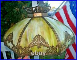 Antique 1910 20s ORNATE Art Deco Green Swirl Slag Glass Hanging Lamp LARGE 22