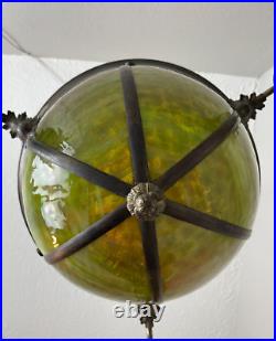 Antique 1910-20s green slag glass hanging inverted dome fixture