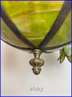 Antique 1910-20s green slag glass hanging inverted dome fixture