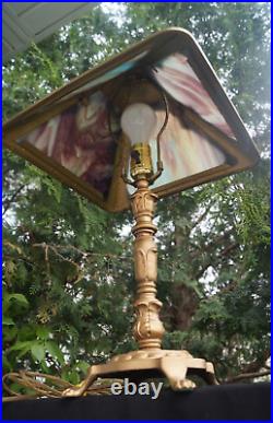 Antique 1910 Miller RAINBOW Slag Glass Table Lamp SIGNED Restored Mission